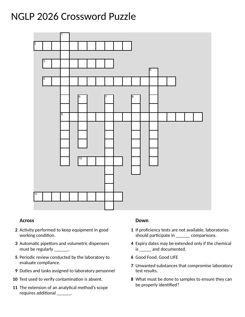 Laboratory standards crossword with quality assurance, maintenance, and validation terminology.