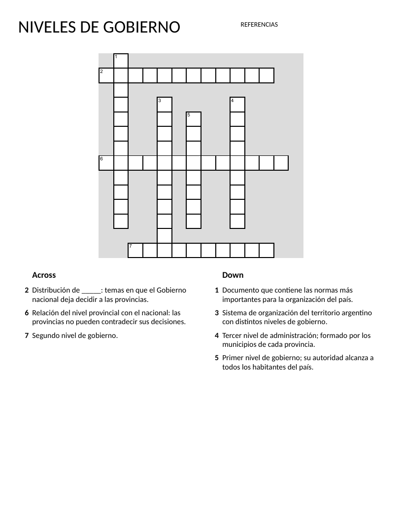 Spanish government structure crossword with federalism, national, and provincial government.