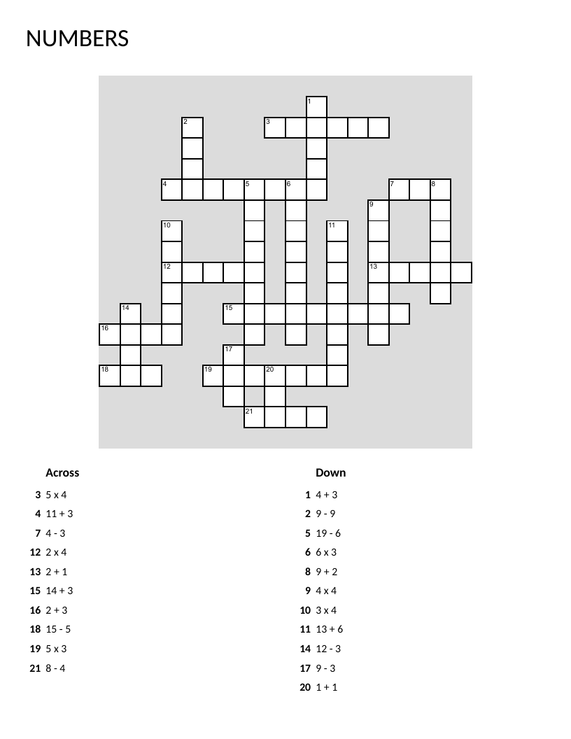 Math crossword with arithmetic clues and number-word answers.