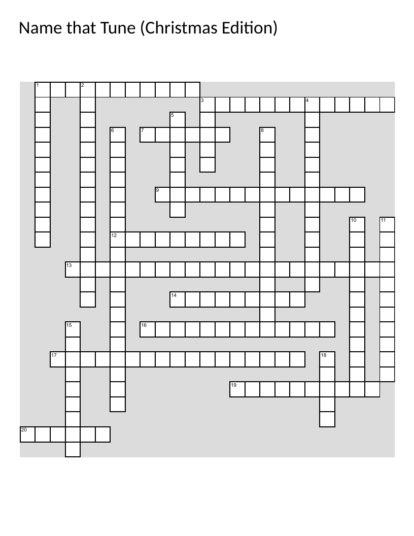 Christmas music crossword with holiday song titles like White Christmas, Jingle Bell Rock, and Silent Night.