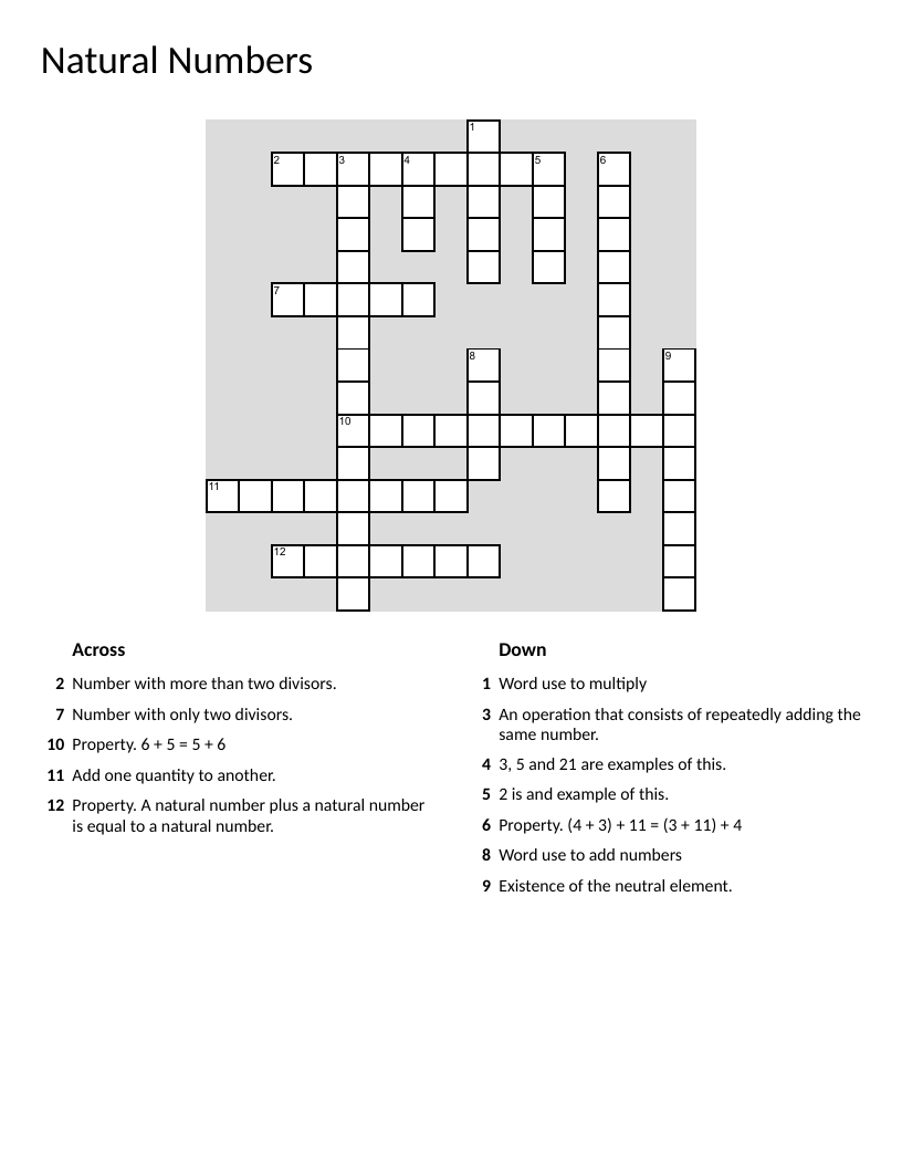 Natural numbers crossword with math vocabulary like prime, composite, and associative property.