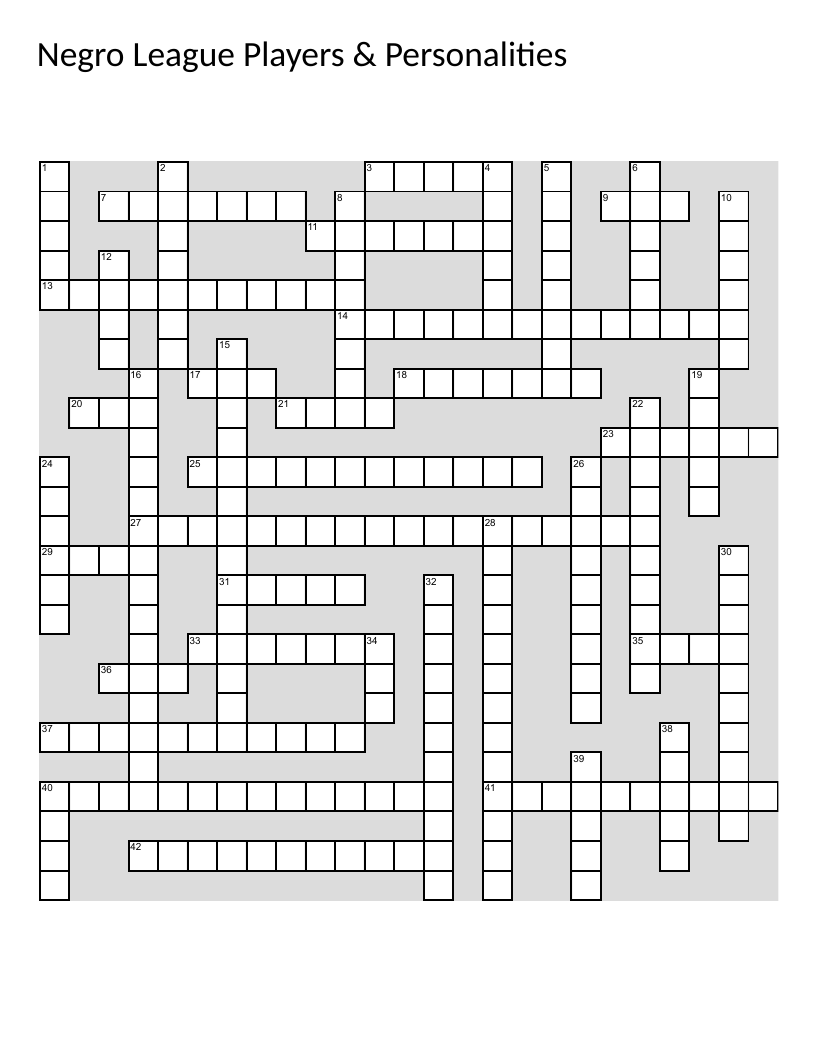 Negro League baseball crossword with Satchel Paige, Josh Gibson, Jackie Robinson, and Cool Papa Bell.