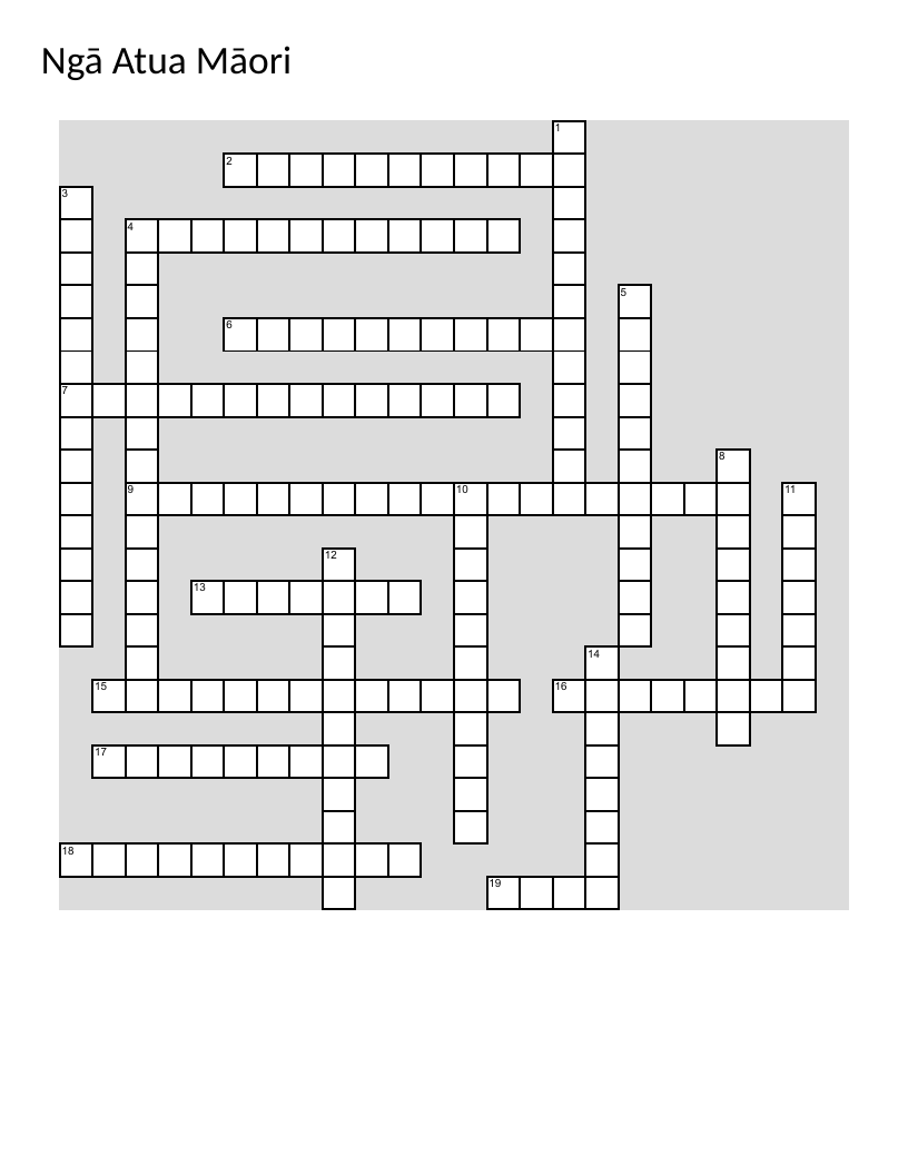 Māori gods and goddesses crossword with Ranginui, Papatūānuku, and Tāne Mahuta.