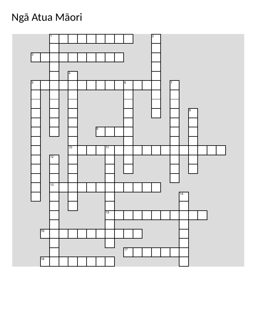Māori gods and goddesses crossword including Ranginui, Papa Tūānuku, and Tāne Mahuta.