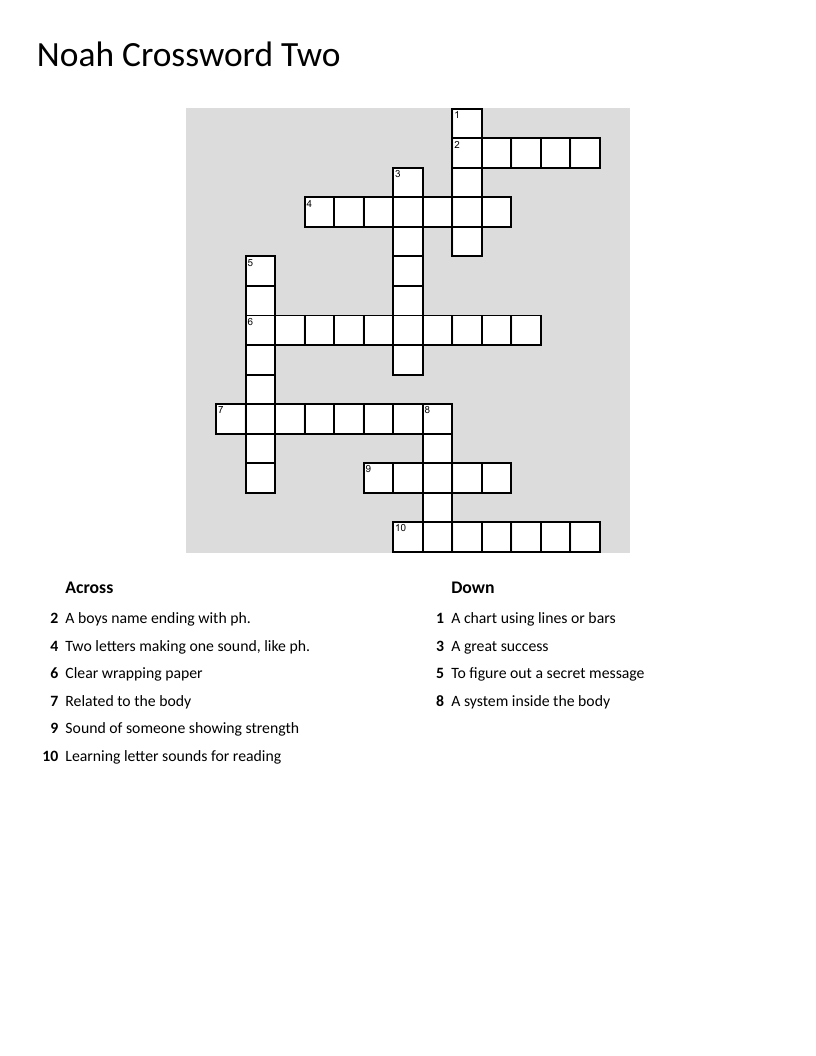 Phonics crossword with PH words like digraph, graph, and triumph.
