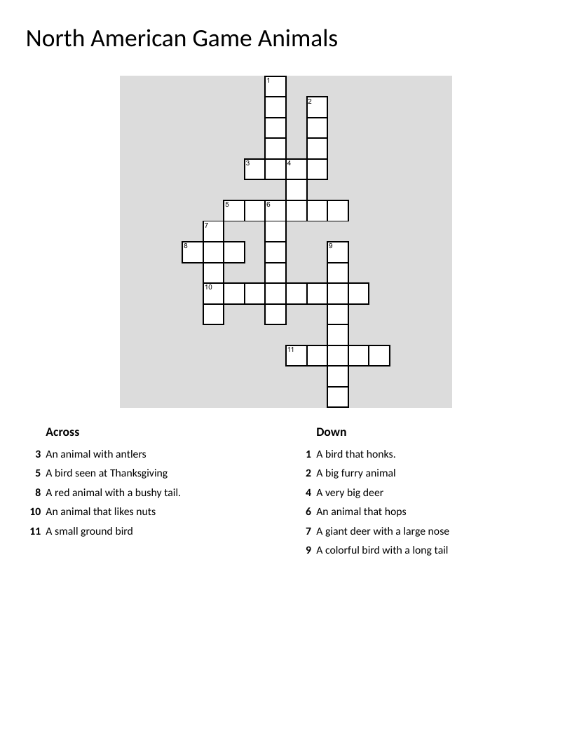 North American game animals crossword with deer, moose, turkey, and bear.