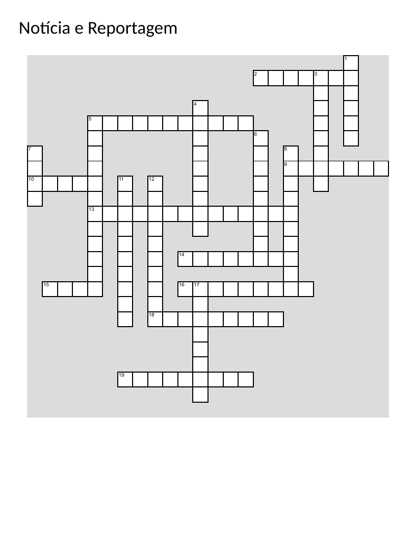 Portuguese journalism vocabulary crossword with terms like reportagem, manchete, and notícia.