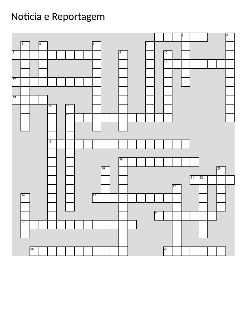 Portuguese journalism vocabulary crossword with news reporting terms.