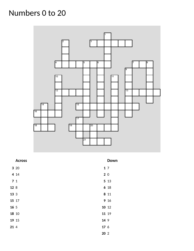 Number words crossword puzzle with zero through twenty spelled out.