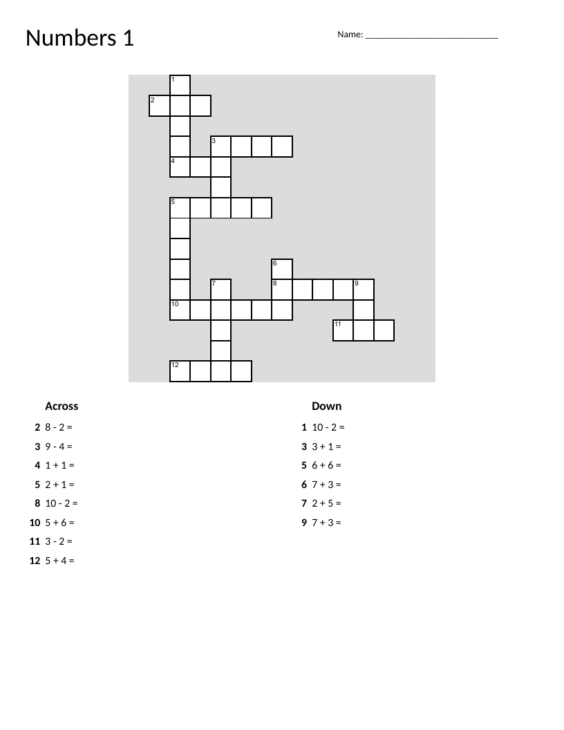 Elementary math crossword with basic addition and subtraction clues.