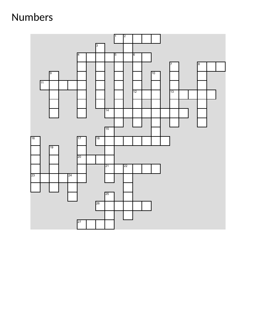 Numbers crossword with numerals and number words from one to one thousand.
