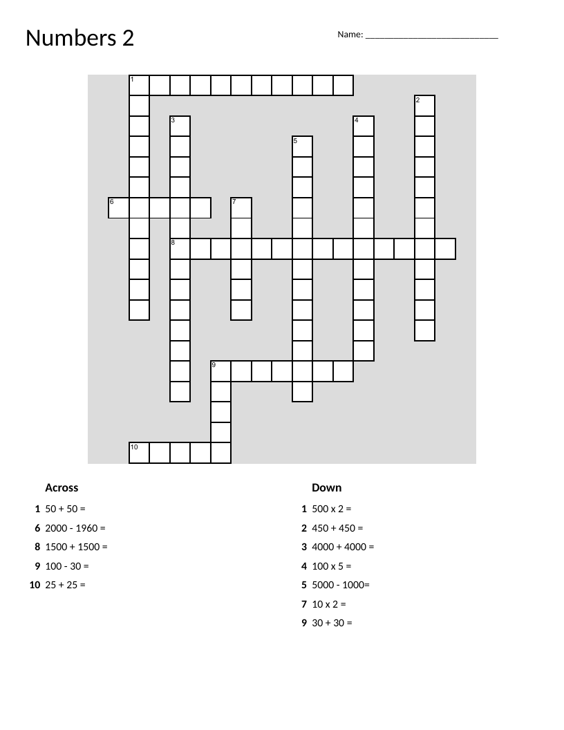 Arithmetic crossword puzzle with addition, subtraction, and multiplication problems.