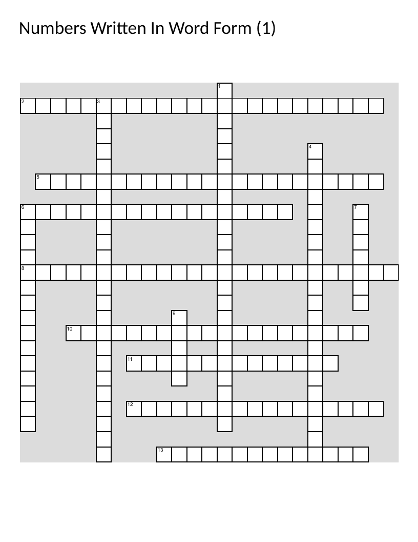 Math crossword with numbers written in word form: decimals, fractions, and place value.