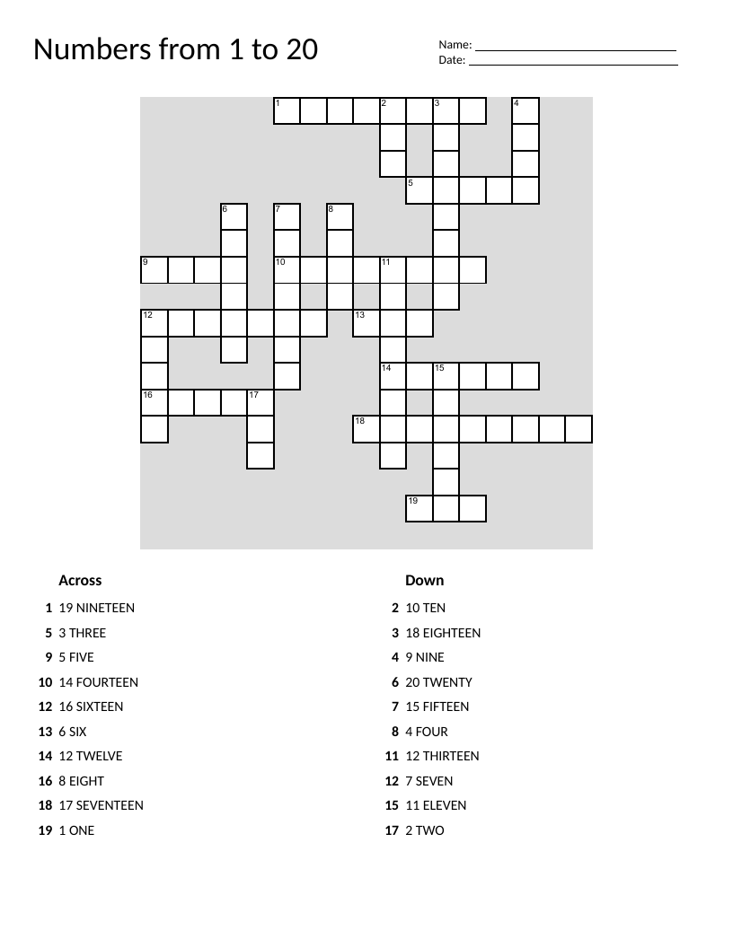 Numbers 1–20 crossword puzzle for counting and number-word practice.