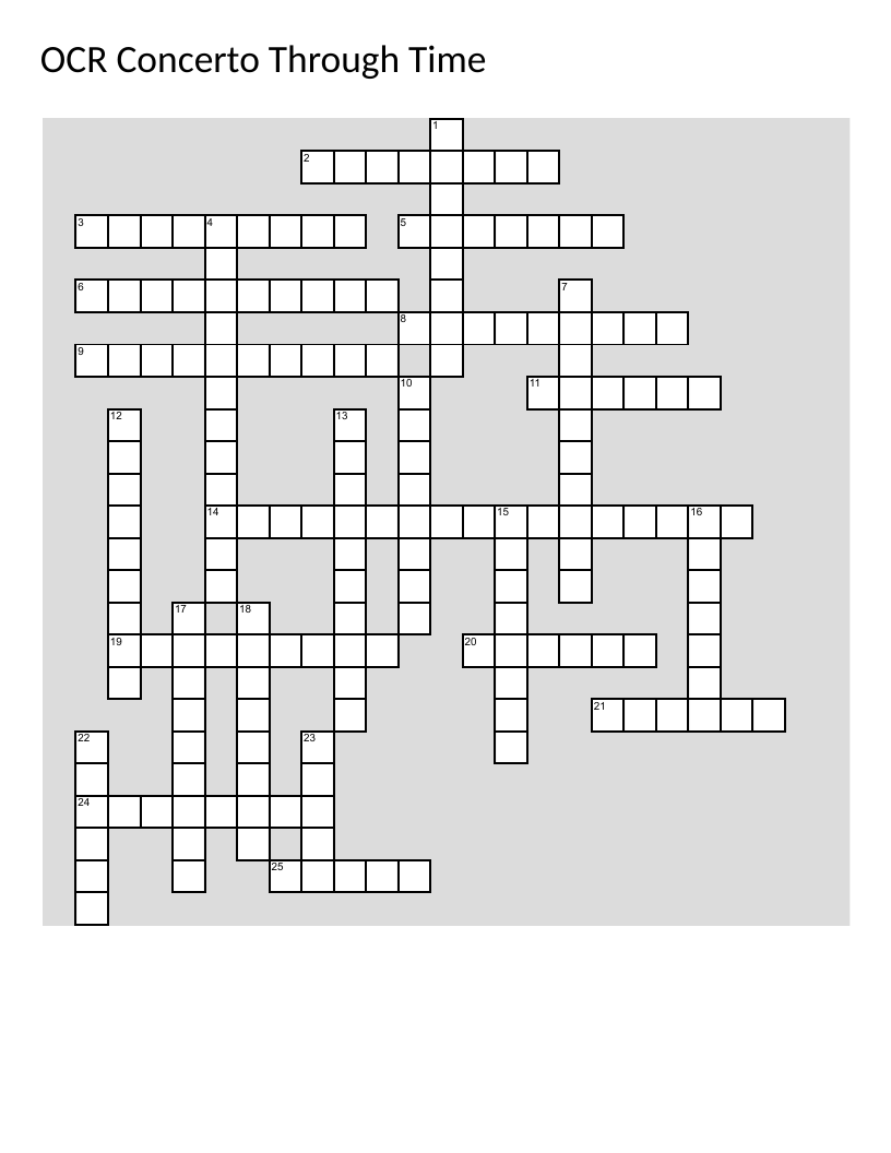 Music history crossword with Baroque and Classical composers, ritornello, cadenza, and terraced dynamics.