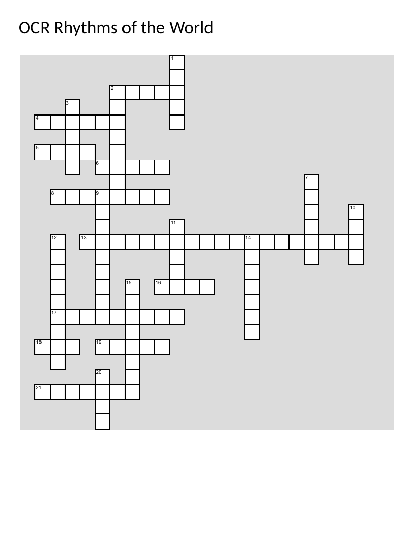 World music crossword with instruments like sitar, tabla, and bouzouki.