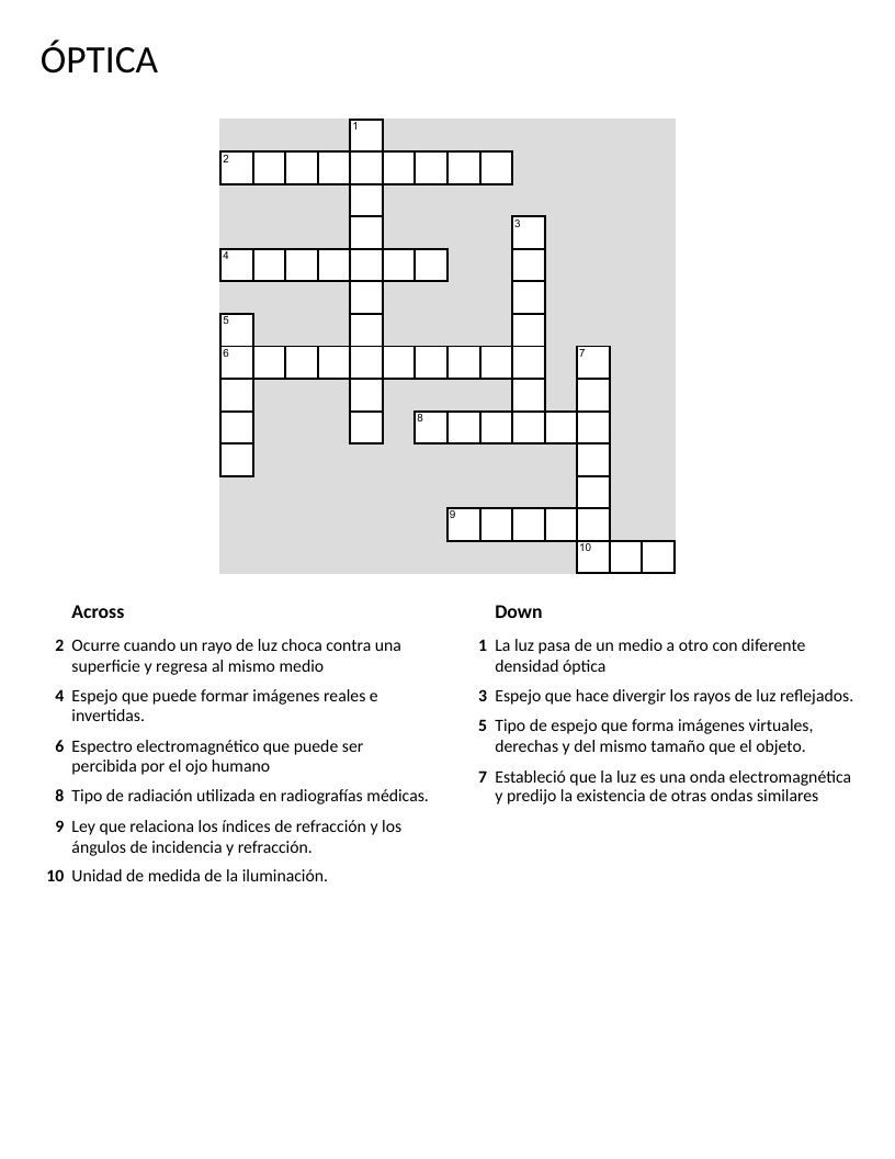 Spanish optics crossword with reflection, refraction, and mirror types.