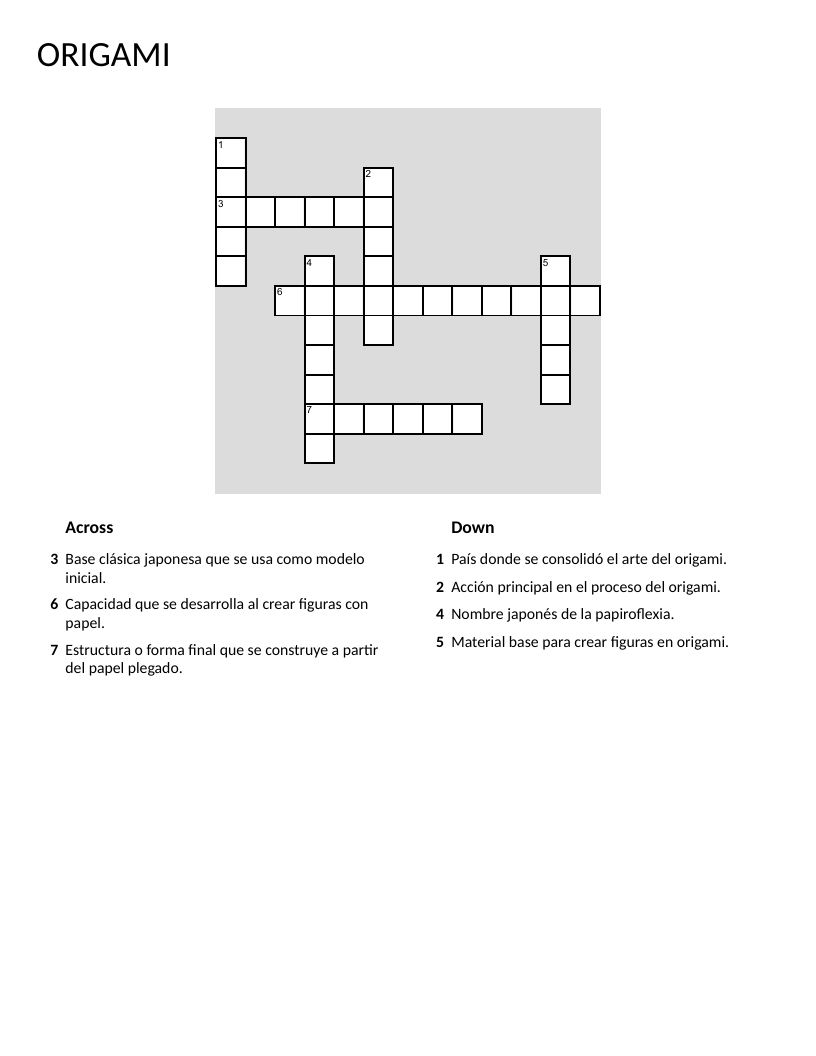 Origami crossword puzzle with Spanish clues on paper folding and Japanese craft.