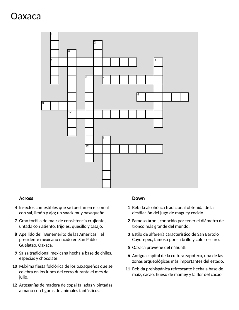 Oaxaca crossword puzzle with clues about mole, alebrijes, and Guelaguetza festival.