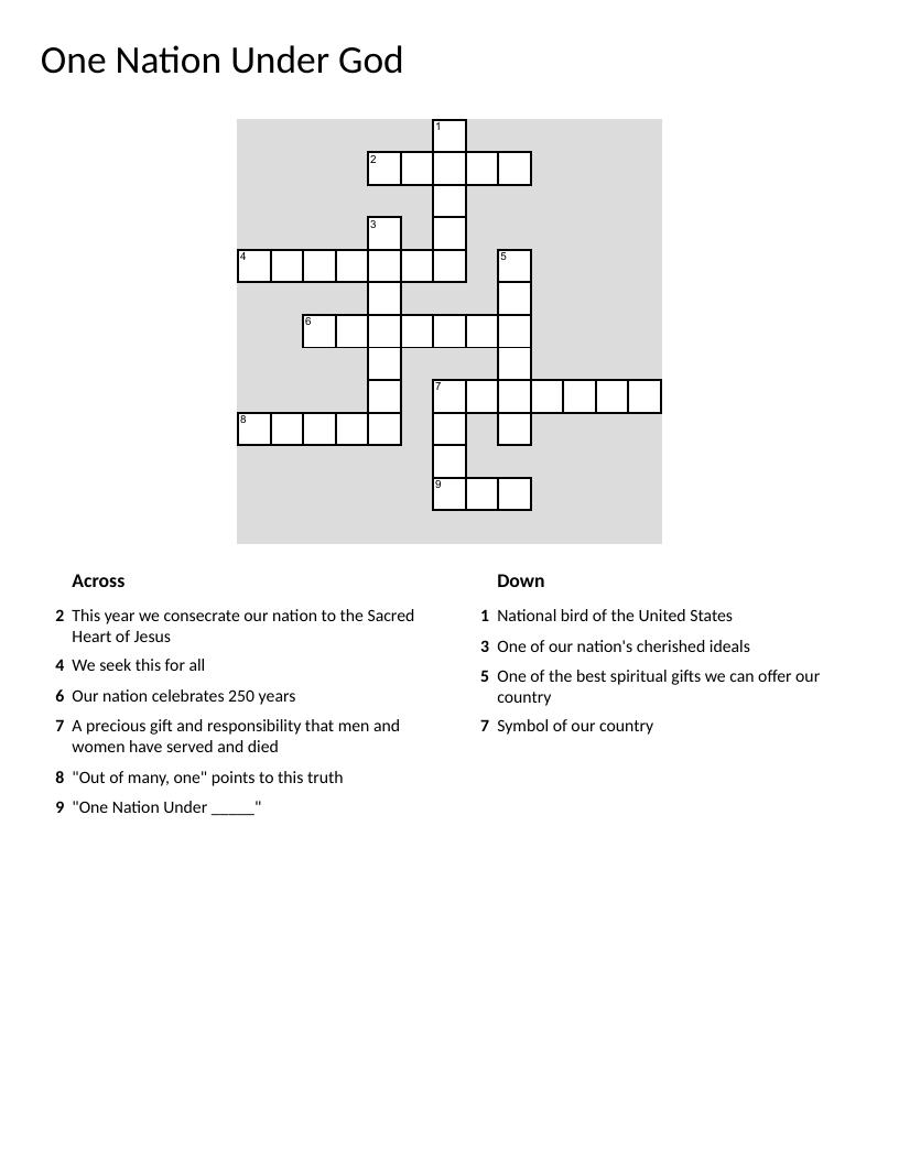 Civics crossword with American values: freedom, justice, unity, eagle, flag.