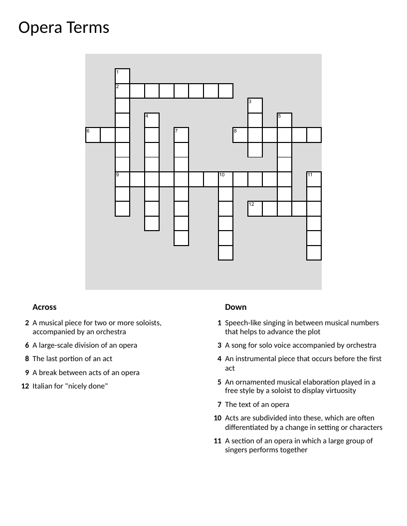 Opera terms crossword with vocabulary like aria, recitative, and libretto.