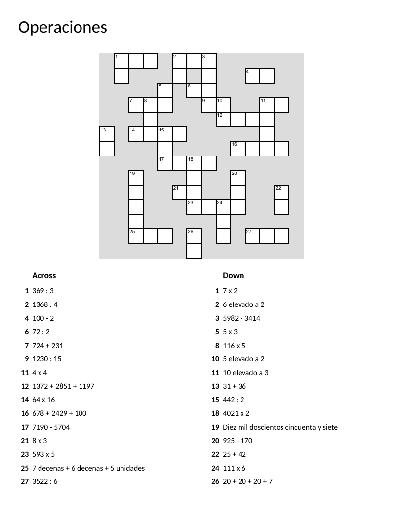 Arithmetic operations crossword with addition, subtraction, multiplication, division, and exponents.