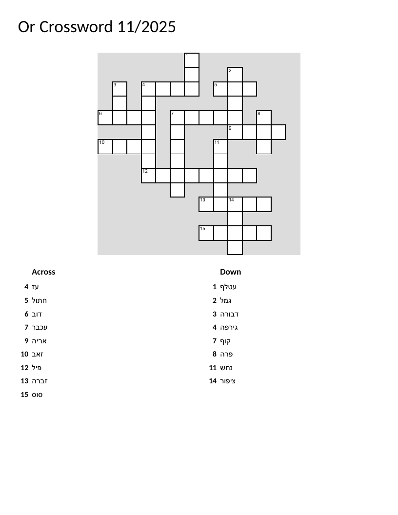 Hebrew animals vocabulary crossword with cat, bear, lion, and giraffe.