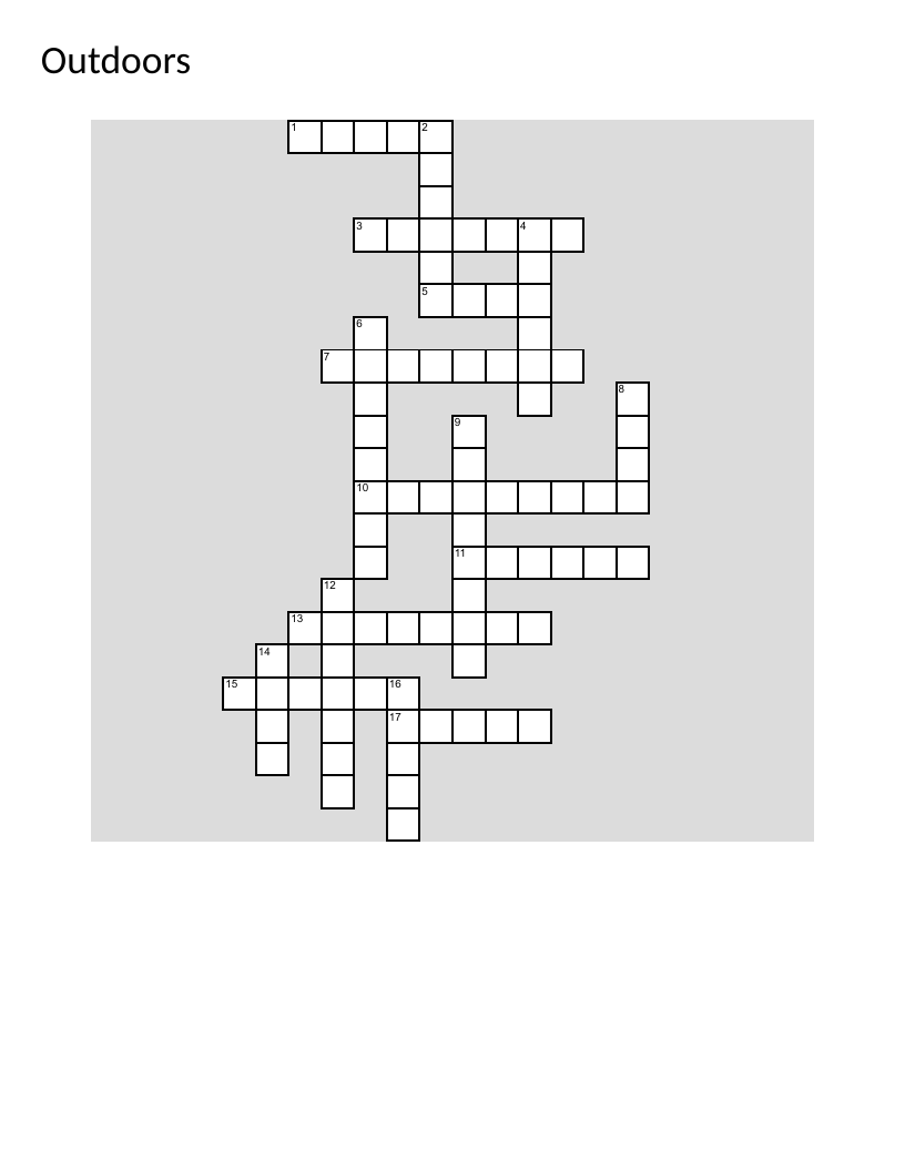 Outdoors crossword puzzle for elementary students with camping, hiking, and nature vocabulary.