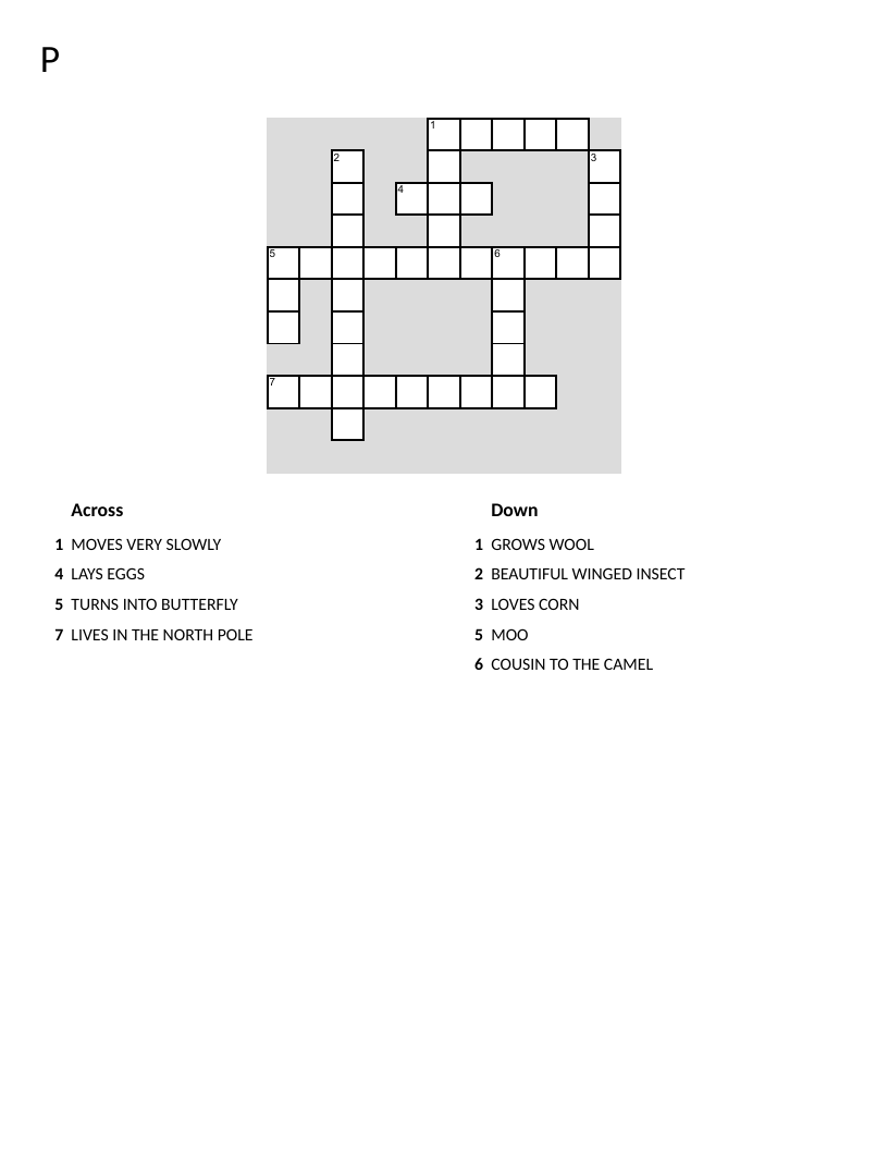 Simple animals crossword for early elementary students featuring farm animals and insects.