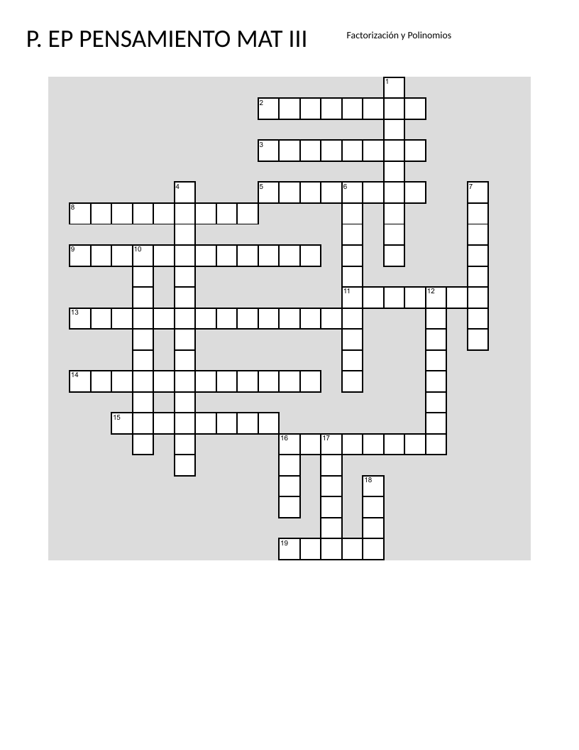 Spanish algebra crossword with polynomial, factoring, and trinomio vocabulary.