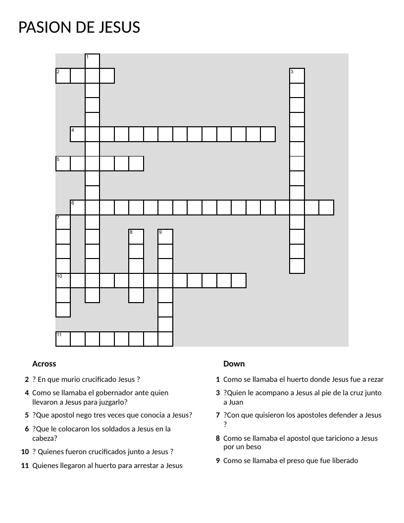 Spanish crossword on the Passion of Jesus with Pontius Pilate, Peter, and the Crucifixion.