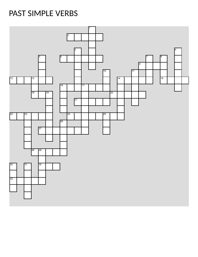 Past simple verbs crossword with irregular and regular verb forms.