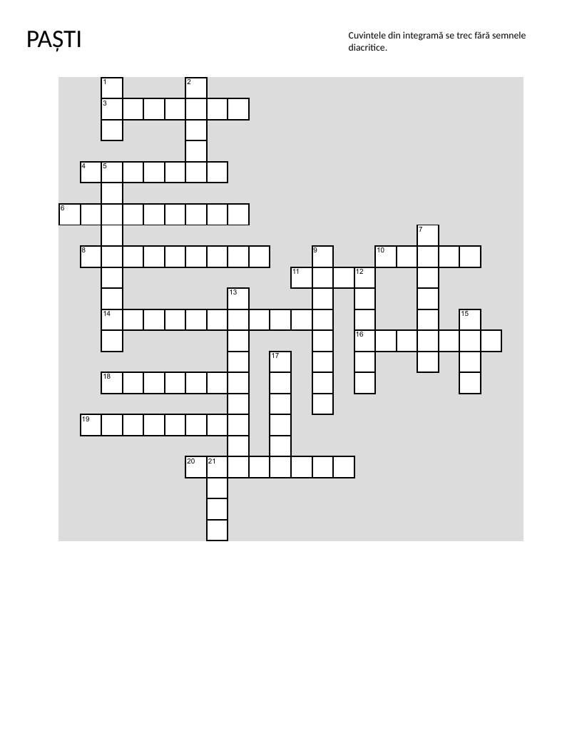 Romanian Easter crossword with vocabulary for traditions, foods, and religious customs.