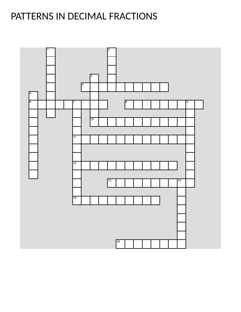 Decimal fractions crossword with place value, tenths, hundredths, and expanded form.