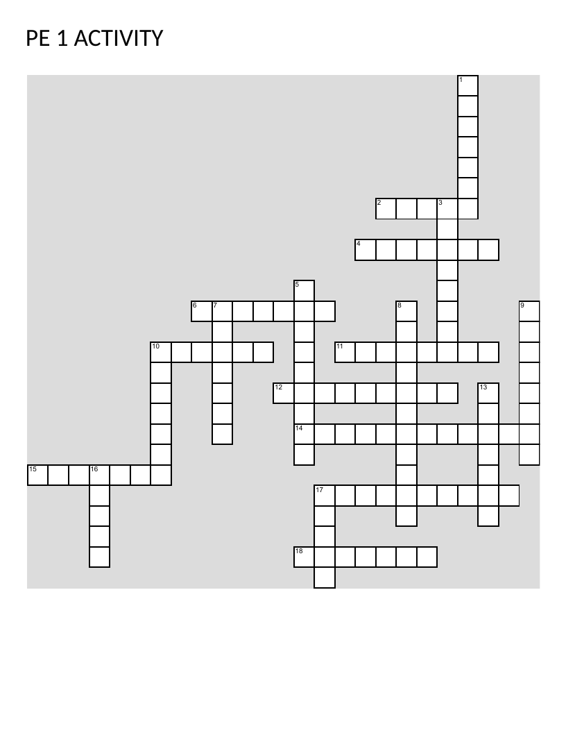 Physical education crossword with fitness and movement vocabulary like pulse, agility, and strength.