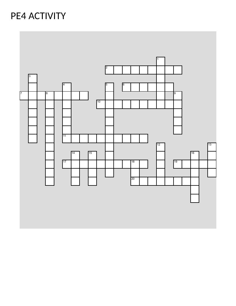 Physical education crossword with basketball, volleyball, and badminton terms.