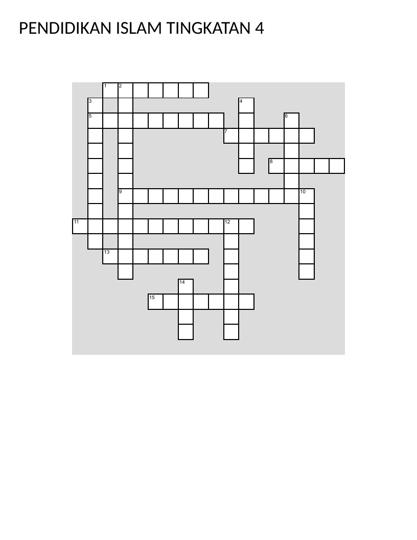 Islamic Education crossword in Malay with Islamic history, law schools, and religious concepts.