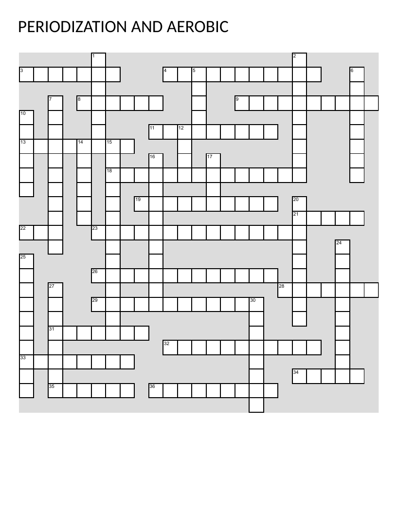 Periodization and aerobic training crossword with fitness principles like intensity, recovery, and specificity.
