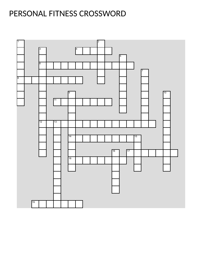 Personal fitness crossword with vocabulary like endurance, strength, and flexibility.