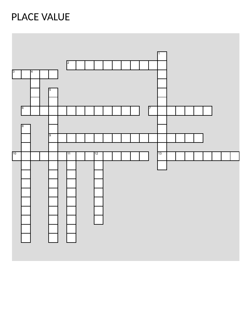 Place value math crossword with base-ten blocks, expanded form, and digits.