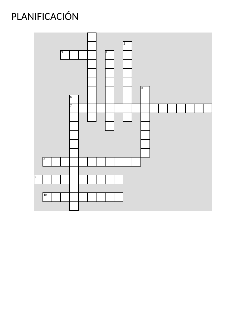 Business planning crossword with FODA, strategy, and objectives in Spanish.