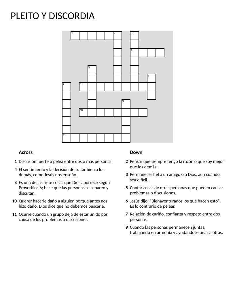 Spanish crossword puzzle on conflict and unity with vocabulary like peace, friendship, and discord.