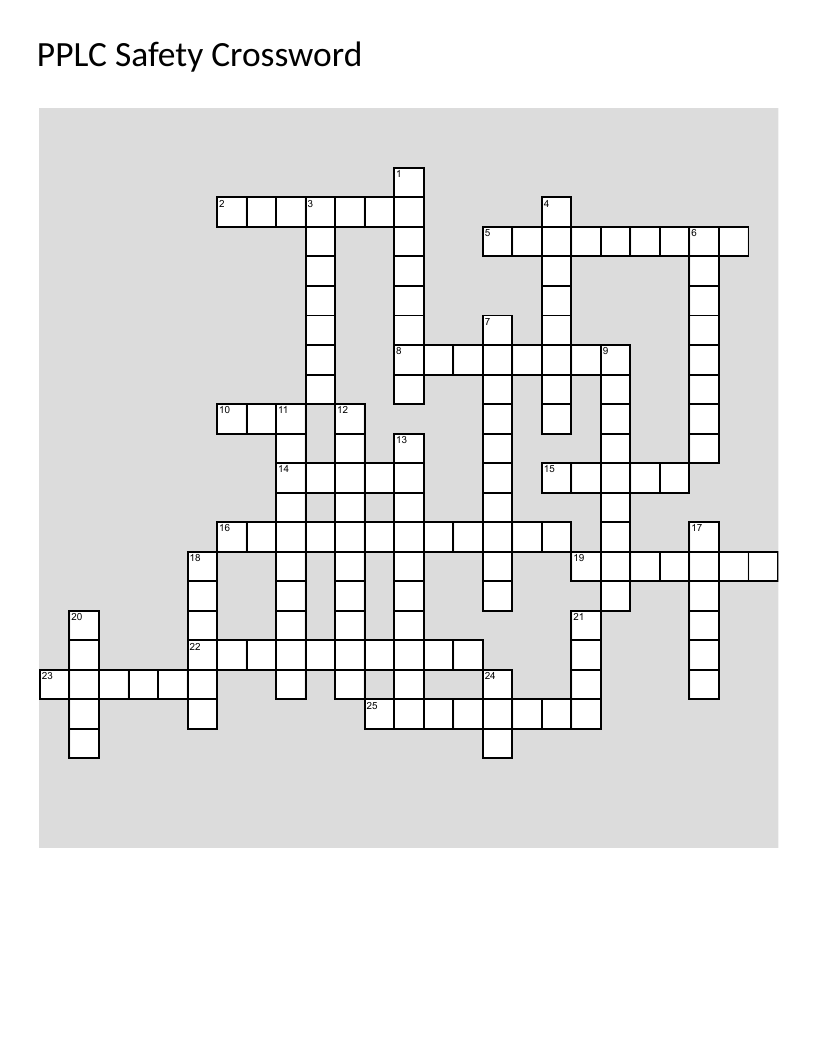 Workplace safety crossword with forklift, PPE, hazard recognition, and evacuation.