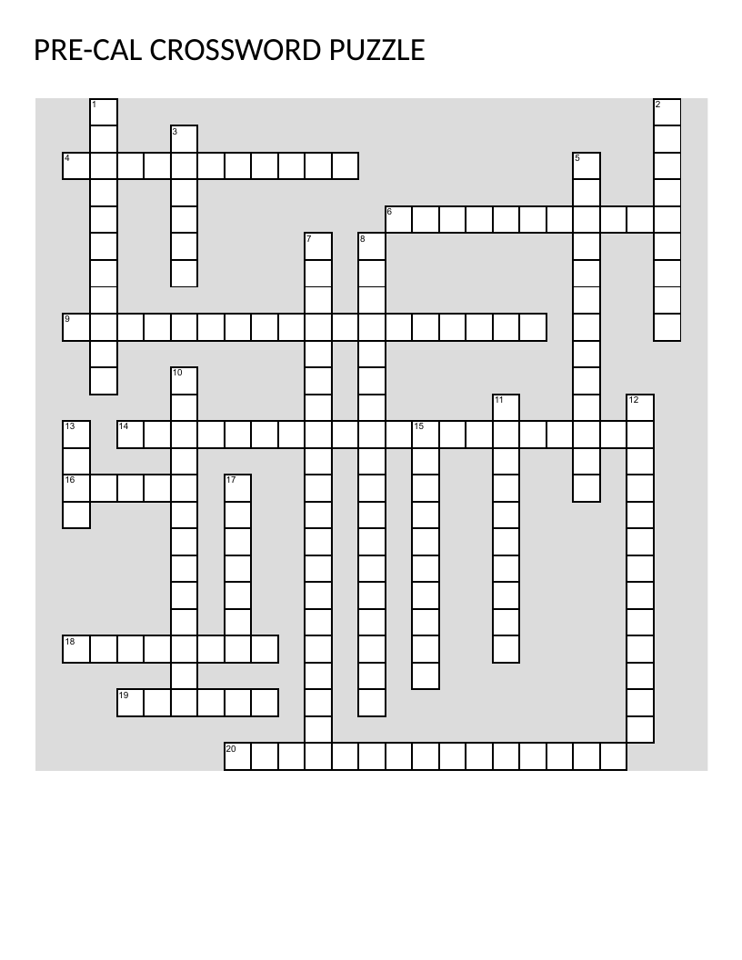 Precalculus crossword with clues on functions, slope, vertex form, and asymptotes.