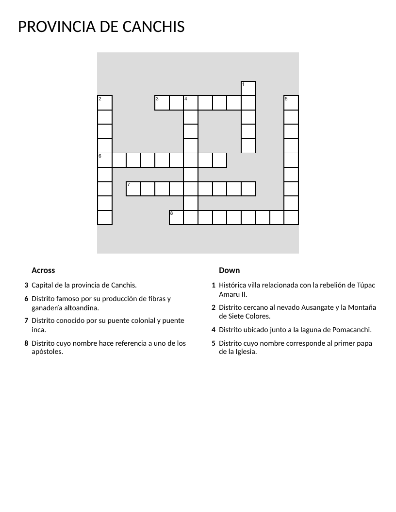 Canchis Province crossword puzzle with districts, capital, and Peruvian landmarks.