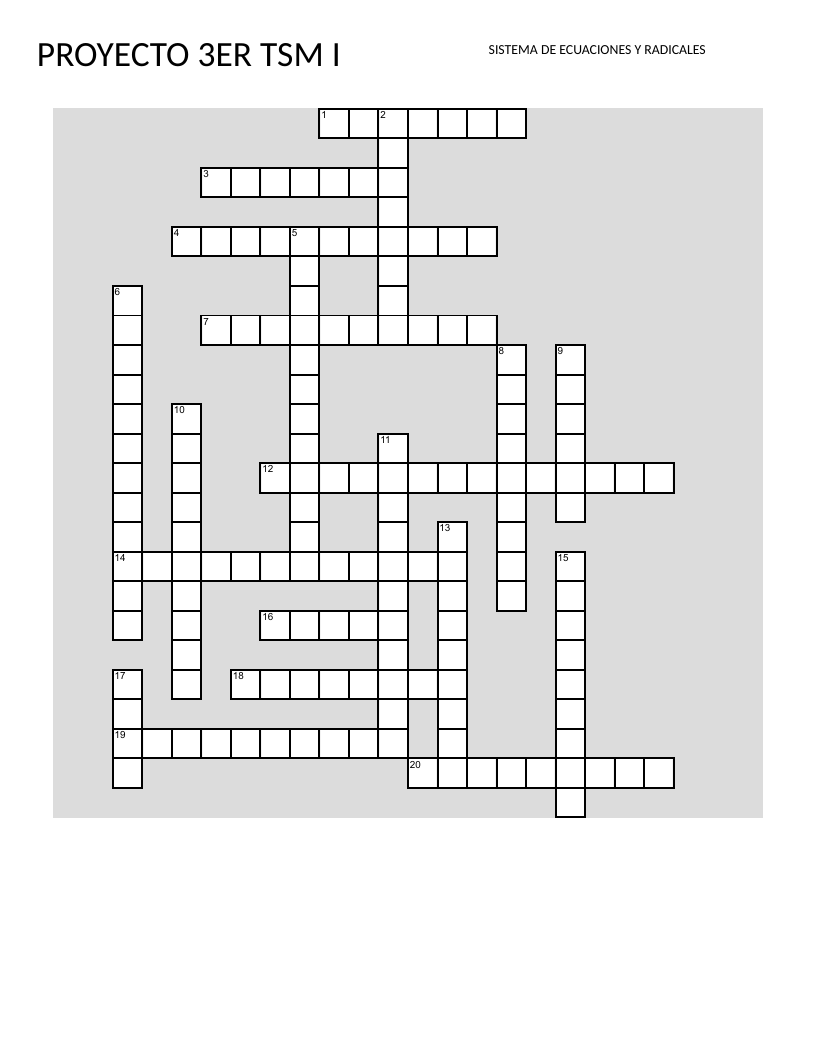 Algebra crossword with Spanish clues on systems of equations, radicals, and solving methods.