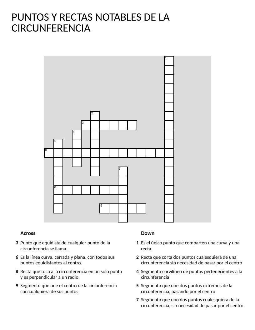 Spanish geometry crossword on circle terminology: radius, diameter, tangent, secant, chord, arc.