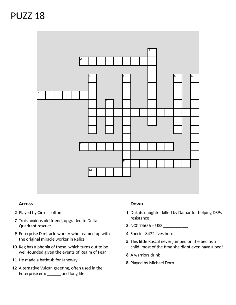 Star Trek crossword with characters, ships, and alien species from Voyager and Deep Space Nine.