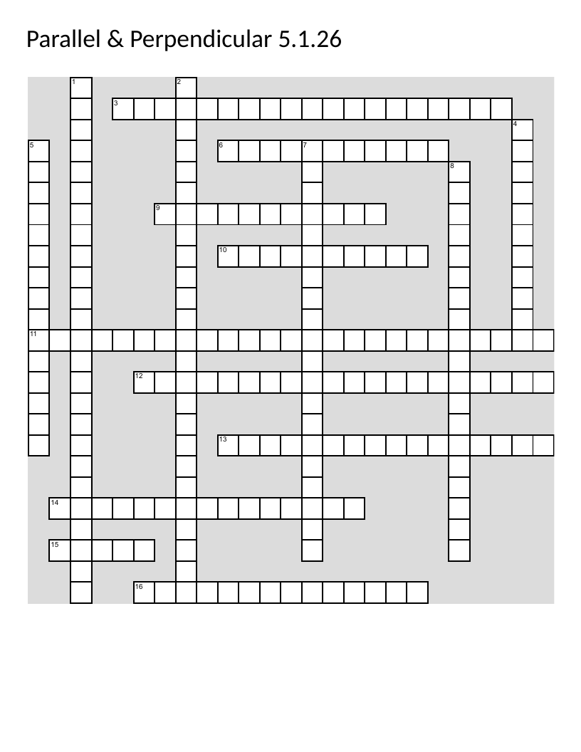 Geometry crossword on parallel lines, perpendicular lines, transversals, and slopes.