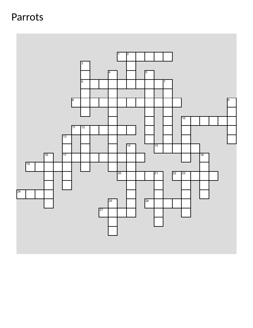 Parrots crossword with vocabulary about macaws, rainforest habitat, and bird anatomy.
